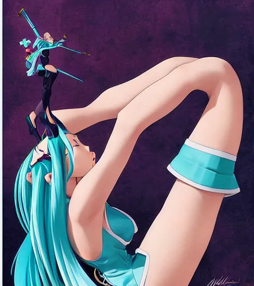 Prompt: Anime art of beautiful Hatsune miku with beautifel legs by magali villeneuve, Gil Elvgren, Alberto Vargas, Earl Moran, Art Frahm, Enoch Bolles, symmetrical shoulders