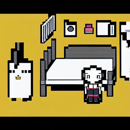 Prompt: rpg maker style bedroom, warm yellow lighting, omori, corpse party, to the moon, pokemon