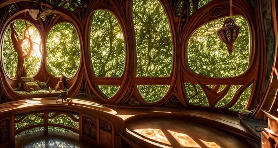 Image similar to An incredibly beautiful scene from a 2022 Marvel film featuring a cozy art nouveau reading nook balcony in a fantasy treehouse interior. 8K UHD.