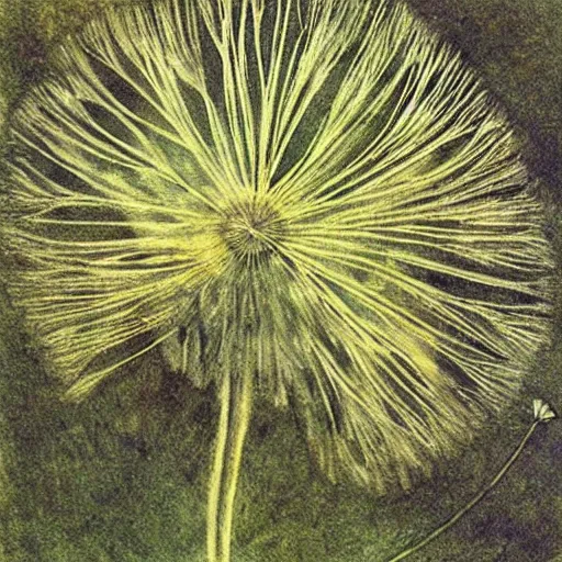Image similar to a beautiful fairytale painting of a dandelion seed that is also a fluffy fairy. the dandelion seed is the body of the fairy. beautiful clear painting by arthur rackham