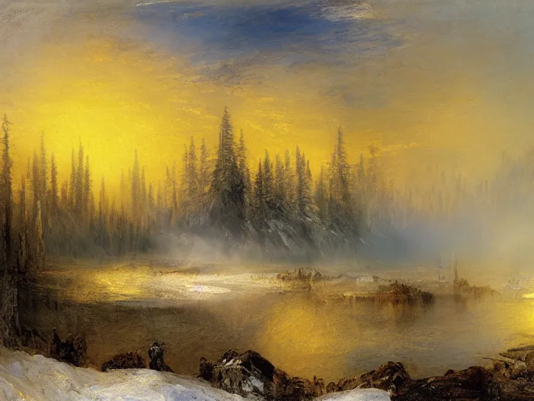 Image similar to 'Canadian Wilderness, cold, December' by J.M.W Turner. Hue breaking and color management, concept art. Epic fantasy landscape