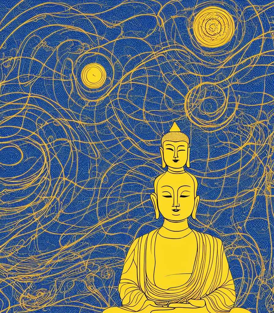 Image similar to a beautiful lineart painting of who buddhas meditating on a big cliff gazing into the universe, 4 k, high resolution, symmetrical lines, blue and gold color scheme, golden ratio