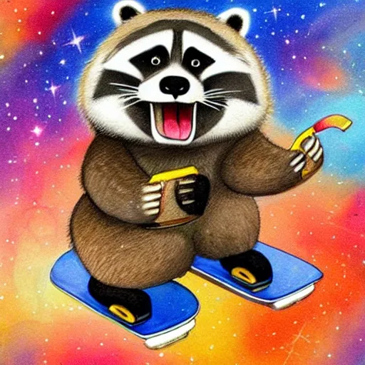 Prompt: fat raccoon skating through the cosmos, colorful, realistic