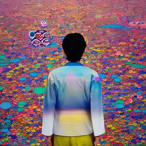 Image similar to a man walking on clouds away from the camera above kyoto by takashi murakami, beeple and james jean, aya takano color style, 4 k, super detailed, modern, 4 k, symmetrical