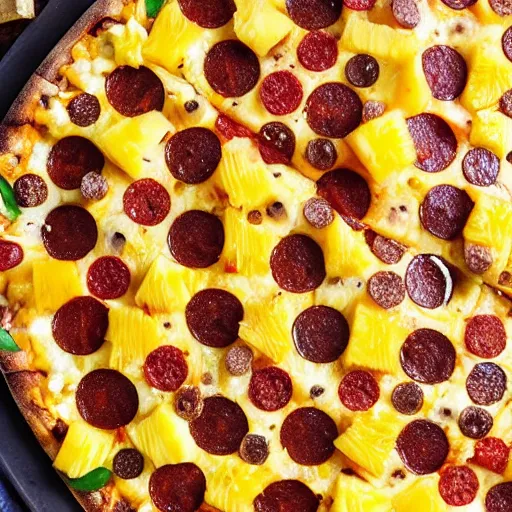 Image similar to a giant slice of pineapple on a pan, covered in pizza toppings, pepperoni, sausages and cheese