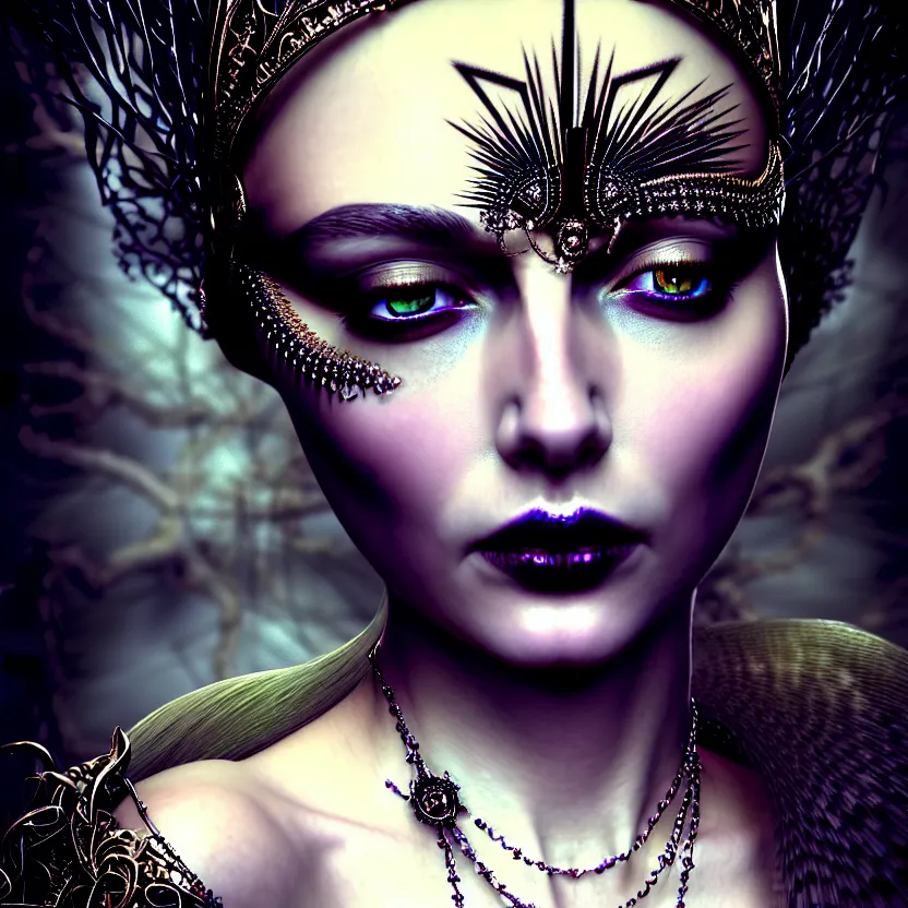 Prompt: mindblowing portrait of the enchantress queen, a stunning timeless beauty, breathtaking eyes, perfect skin, feathered eyelashes, royal gothic dress with a lot of leather, heavy silent hill aesthetic, incredibly intricate, digital art, blender, houdini & photoshop, very elegant & complex, hyper-maximalist, overdetailed, epic cinematic quality, biblical art lighting, photorealistic, lifelike, OLED, DSLR HDR 8k, face is the focus, facial feature symmetry, hyper composed, created by Nixeu & z--ed from deviantart