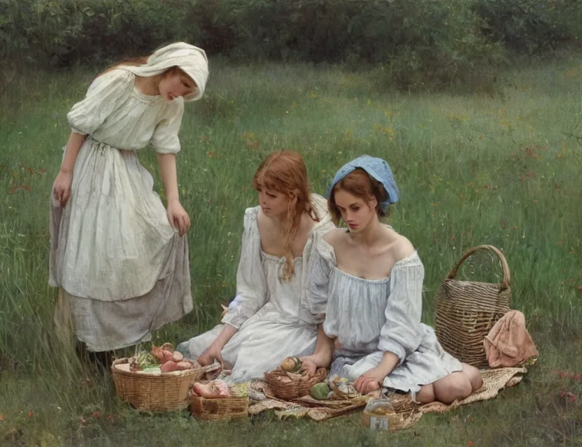 Prompt: 2 peasant girls on a picnic, cottage core, cinematic focus, polaroid photo bleached vintage pastel colors high - key lighting, soft lights, foggy, by steve hanks, by lisa yuskavage, by serov valentin, by tarkovsky, 8 k render, detailed, oil on canvas