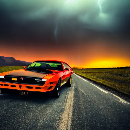 Image similar to black pontiac firebird trans - am driving towards the camera, huge spider creature in the background, norway mountains, valley, lake, dynamic, cinematic, motionblur, volumetric lighting, wide shot, low angle, red glow in sky, large lightning storm