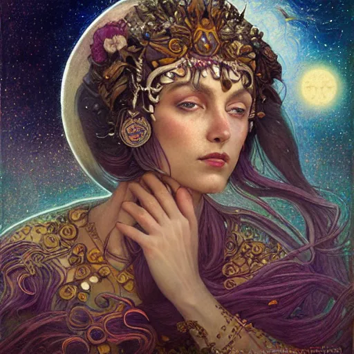 Prompt: queen of the moon with stars in her hair, by tino rodriguez and annie swynnerton and nicholas roerich and jean delville and donato giancola and tom bagshaw and evelyn demorgan and diego rivera, dramatic lighting, floral tattoos, rich colors, smooth sharp focus, extremely detailed, adolf wolfli