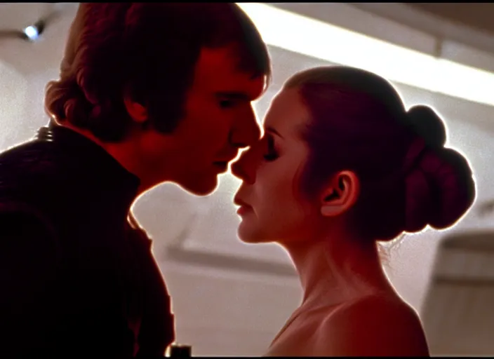 Prompt: screenshot of Han Solo kissing Princess Leia Organa, alone, pensive, iconic scene from 1970s Star Wars film directed by Stanley Kubrick, in a sci fi nursing home architecture, last jedi, 4k HD, cinematic still frame, photoreal, beautiful portraits, moody lighting, stunning cinematography, anamorphic lenses, kodak color film stock