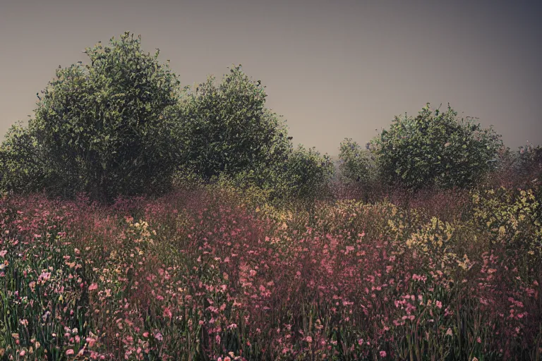 Prompt: overgrown with flowers heckler & koch mp 7 ai. octane render. substance painter painter. black, matte metal. flower field. strong light with dabbled shadows. photoreal.