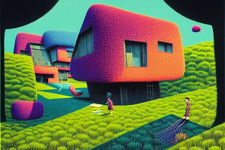 Image similar to surreal glimpse into other universe, house by kengo kuma, summer morning, very coherent and colorful high contrast, art by!!!! gediminas pranckevicius!!!!, geof darrow, floralpunk screen printing woodblock, dark shadows, hard lighting, stipple brush technique,