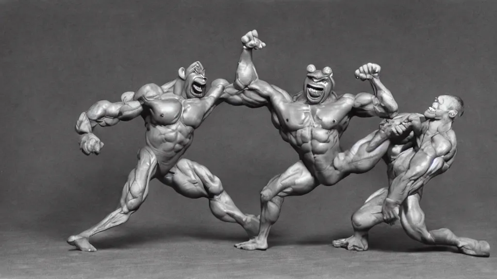 Prompt: Rare found plasticine footage of the muscular green shronk mascot ultra-wrestling with a complex intricate bodybuilder-creature! very ultra funny faces! exaggerated posing, very dynamic and grabbing, group acrobatics! Found in 1985, photographed by Ansel Adams standing out in a dark place in the sky at night under the moon. Everyone is grappling and grabbing! #ultra-acrobatics #posing #proud #westling #ultra-wresting #interlocking #plasticine #disturbing #dramatic #highiso #shrektorted #zuckpunk #verytextured-bodies #extreme #foundhell #ultra-textured