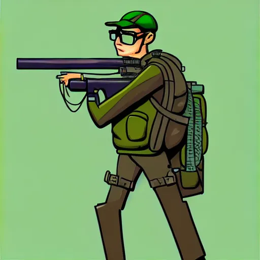 Image similar to sniper nerd dork geek, illustrated, detailed