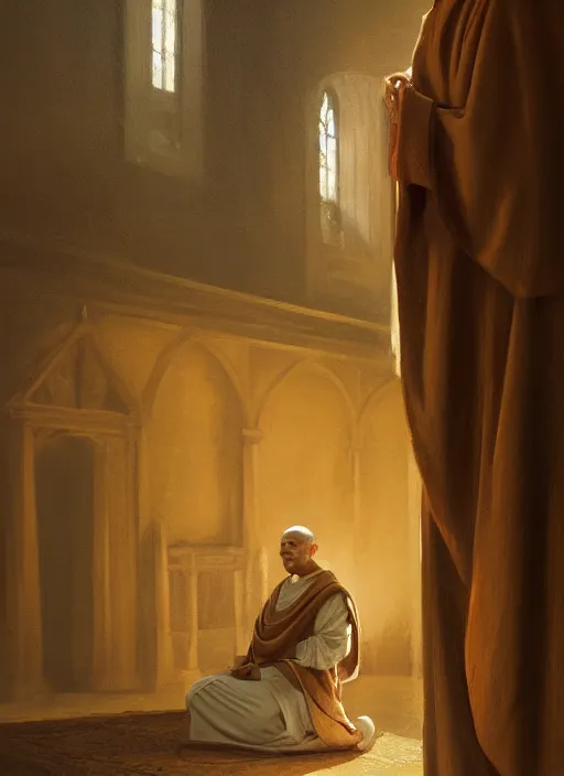 Image similar to oil painting of a weeping tonsured dominican monk in a brown habit, kneeling in a dark empty chapel, hazy, digital art, artstation, cinematic, golden hour, digital art painting by greg rutkowski, cozy atmosphere, cinematic lighting