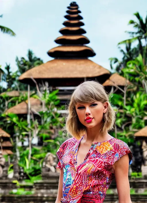 Prompt: taylor swift wearing batik bali in bali. temple background. front view. instagram holiday photo shoot, perfect faces, corrected faces, 5 0 mm