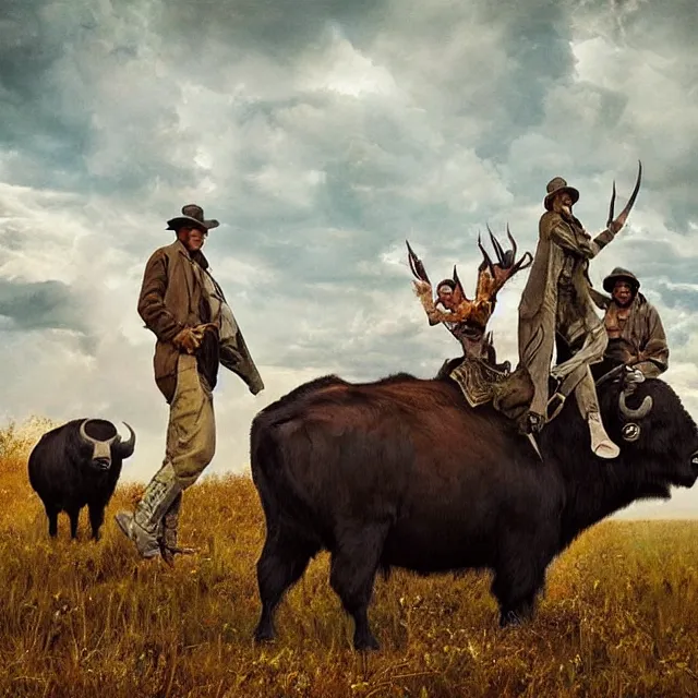 Image similar to incredible modern fable evocative artwork of buffalo hunters, buffalo midnight in the style of tim walker fashion photography, buffalos hunting hunters, fables of the reconstruction