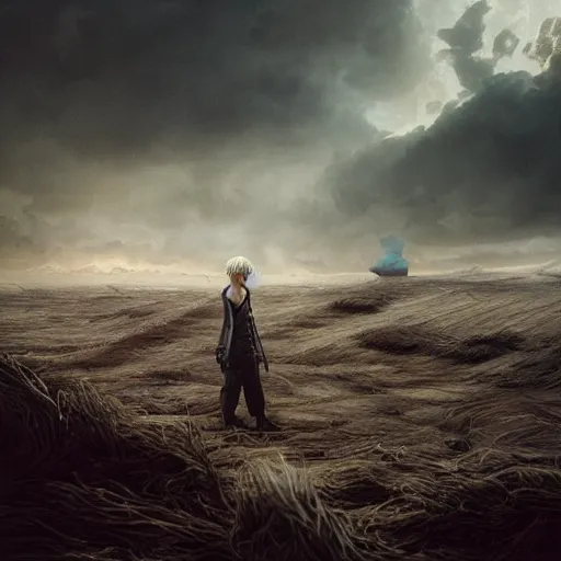 Image similar to Stunning Hyperealistic scene of cloud Strife in a abandoned wasteland, sandstorm by Beeple Andrei Riabovitchev, Jake Souva, Nicola Samori, James Gilleard, Ishbel Myerscough, Scott Radke, Jean-Baptiste Monge jakub