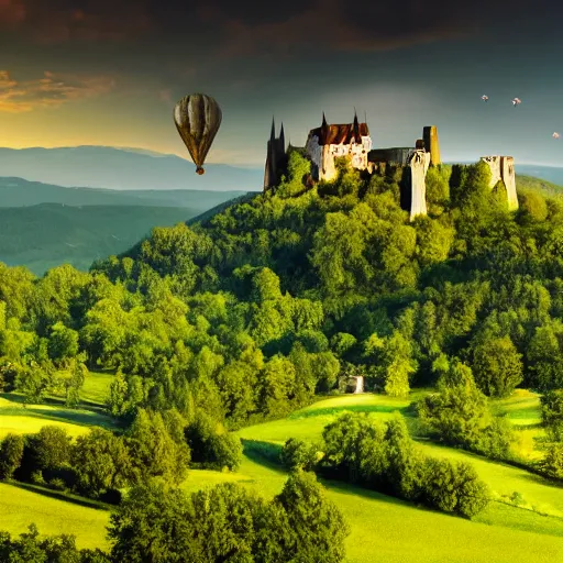 Image similar to Vast verdant valley surrounded by Transylvanian mountains, with a large zeppelin hovering in the foreground, and a ruined medieval castle on the hillside in the background. Late evening light in the summer, gloomy weather. Hyperrealistic, high quality, sharp, photography.