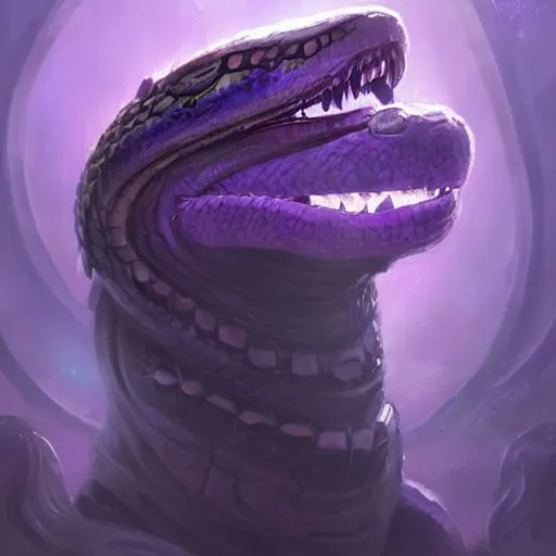 Image similar to a portrait of a violet snake-head, snake head, two fangs, violet theme, epic fantasy digital art style, fantasy artwork, by Greg Rutkowski, fantasy hearthstone card art style