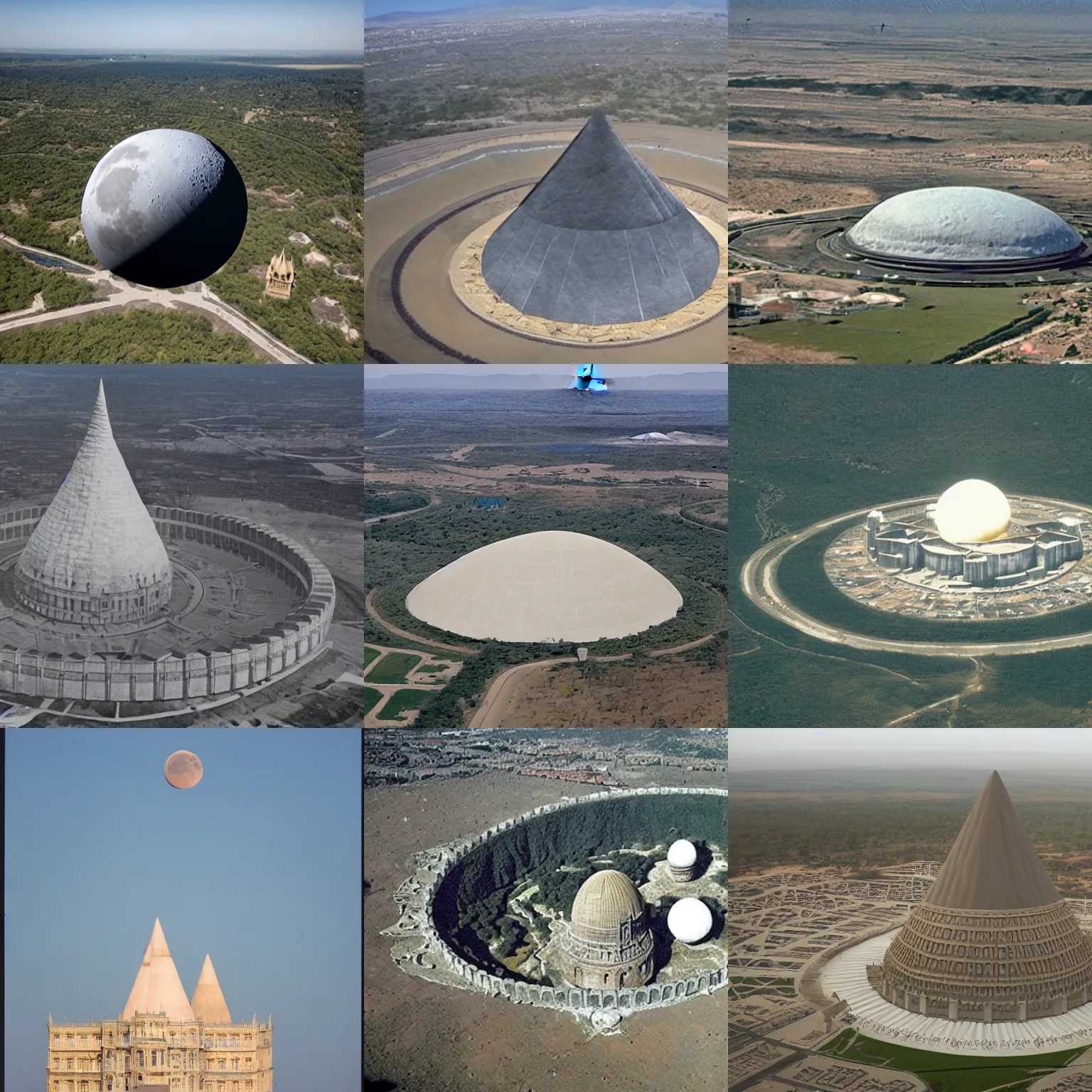 Prompt: giant moon - sized cone shaped palace seen from spaceship window