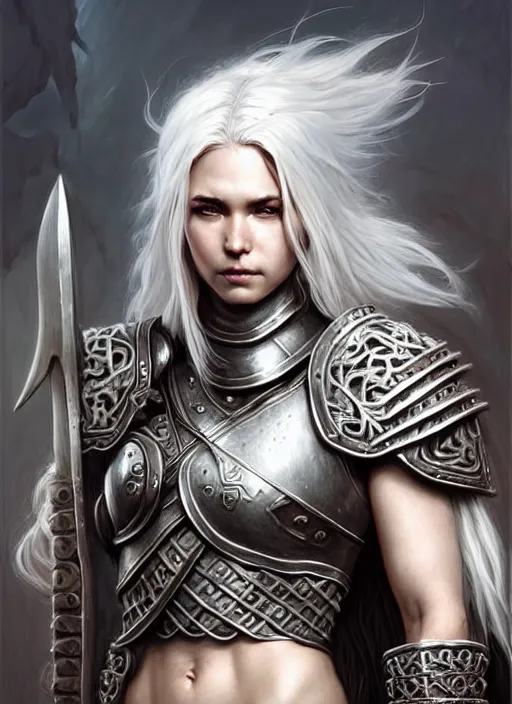 Image similar to barbarian, plated armor!!! long wild white hair!! covered chest!!! fantasy, d & d, intricate ornate details, digital painting, pretty face!!, symmetry, concept art, sharp focus, illustration, art by artgerm! greg rutkowski magali villeneuve wlop! ilya kuvshinov!!, octane render