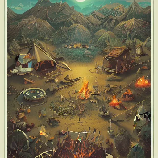 Prompt: a poster design of a camping music fest, Highly detailed labeled, poster, peter mohrbacher, manga design