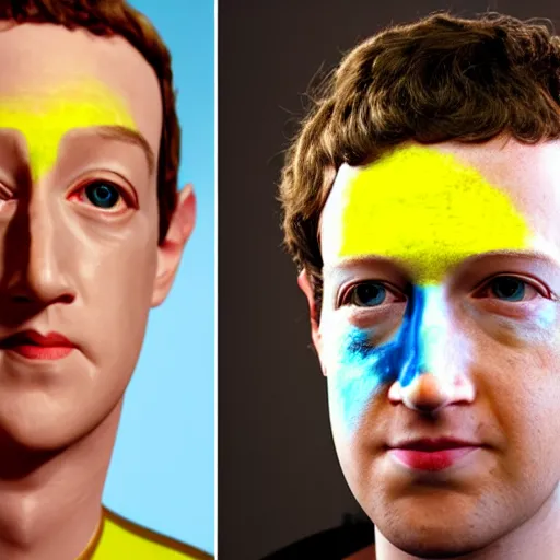 Prompt: Mark Zuckerberg as Data from Star Trek, with white face paint and yellow contacts