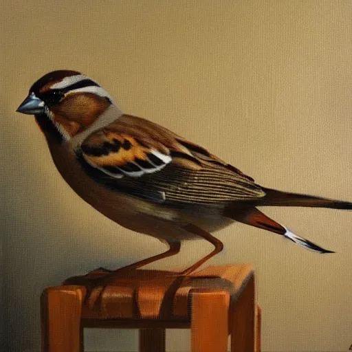 Image similar to an oil paiting of a sparrow perched on a chair, highly detailed, oleo, artstation, sharp focus, by diego velazquez