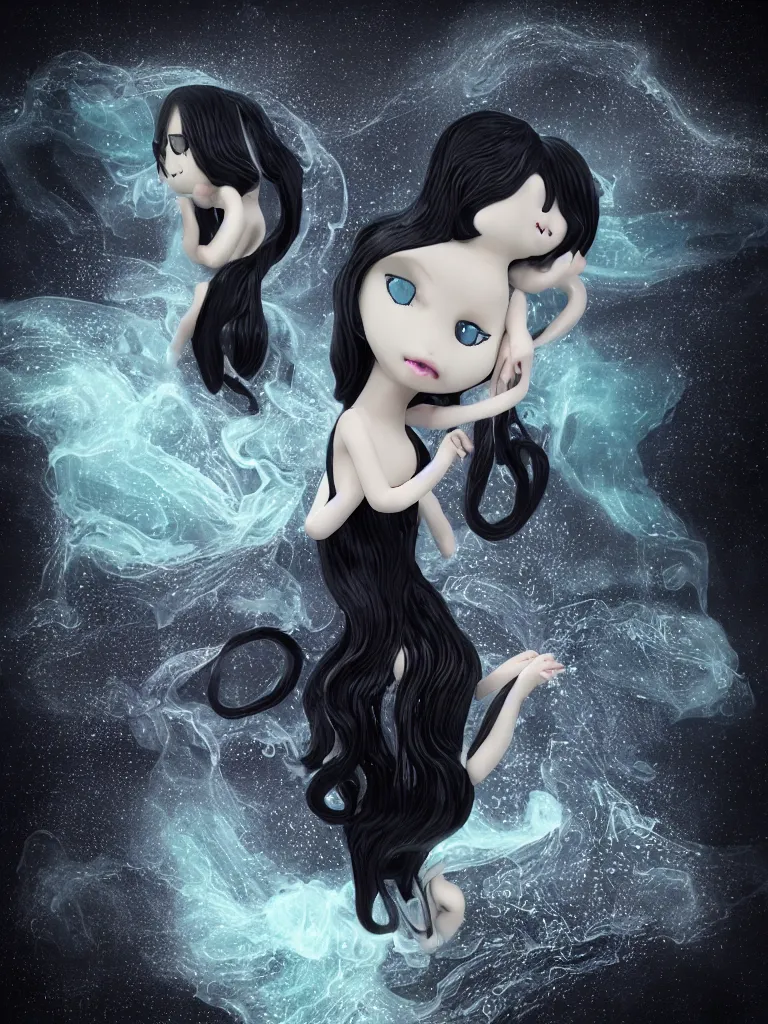 Image similar to cute fumo plush gothic translucent octopus maiden alien girl combing her hair in the waves of the wavering dark galactic abyss, black dress with ribbons, ocean wave thunderstorm and reflective splashing water, black and white, ocean simulation, vignette, vray
