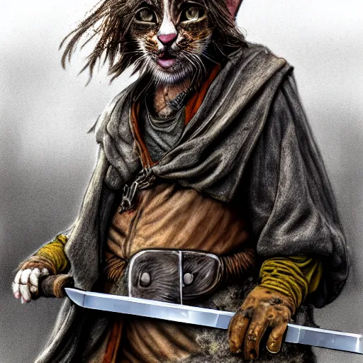 Image similar to a high detail shot of a dirty, homeless cat wearing rags, holstering sword, realism, 8 k, fantasy, d & d, concept art