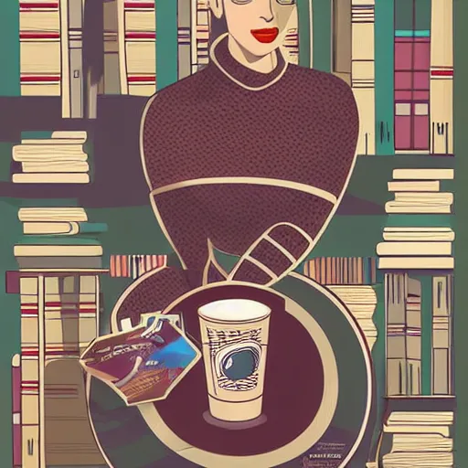 Prompt: Poster illustration of a Cup of coffe on a stack of books, digital art, award winning, trending on artstation, art by artgerm and patrick nagel