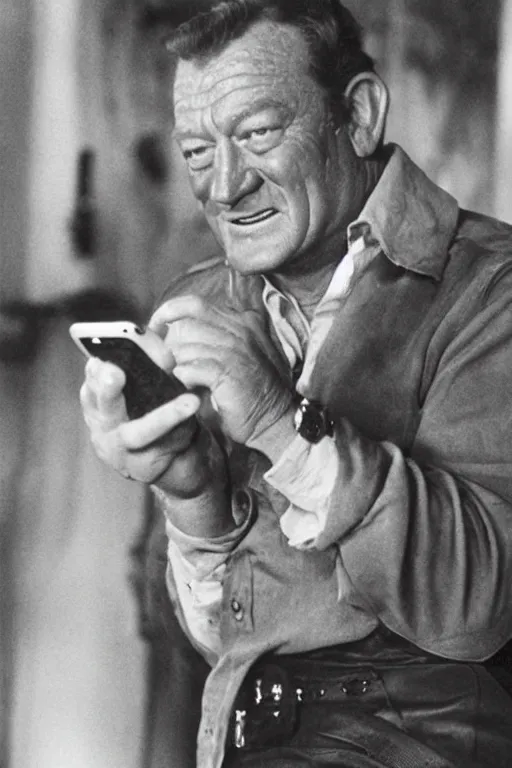 Image similar to john wayne using an iphone, photo