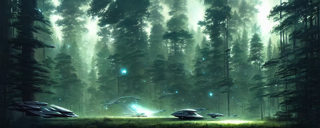 Prompt: a spaceship lost in the forest, detailed digital art by greg rutkowski.