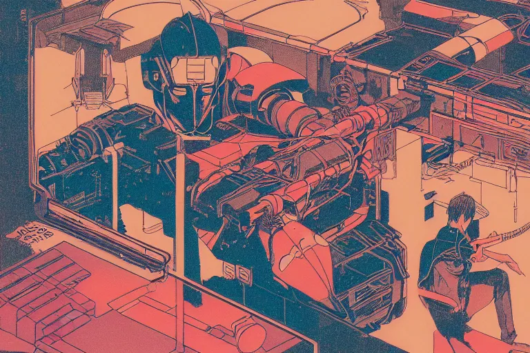 Image similar to risograph grainy drawing vintage sci - fi, satoshi kon color palette, gigantic gundam, 1 9 8 0, kodachrome, natural colors, comicbook spreadsheet, codex seraphinianus painting by moebius and satoshi kon and dirk dzimirsky close - up portrait