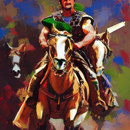 Prompt: portrait of mel gibson as rider with couched jousting lance, colorful caparisons, chainmail, detailed by greg manchess, craig mullins, bernie fuchs, walter everett