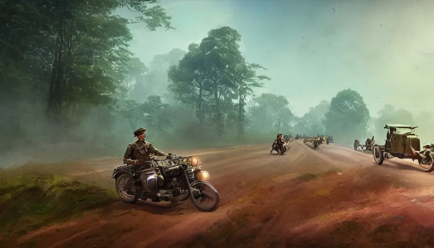 Image similar to a british officer driving a motorcycle at high speed in 1921 in kerala forest road, local people chasing to attack, furious action scene, chase, an epic fantasy, dramatic lighting, cinematic, establishing shot, extremely high detail, photorealistic, cinematic lighting, artstation, by simon stalenhag, horizon forbidden west