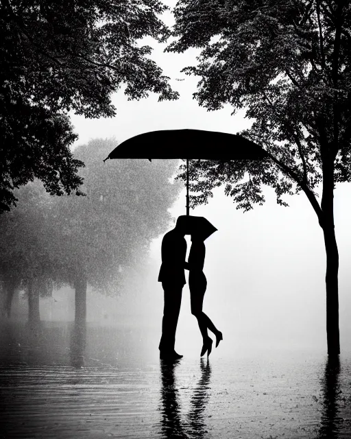 Image similar to raindrops, rain, square, park, lake, man and woman under a black umbrella, trees, kiss, paths, lake.