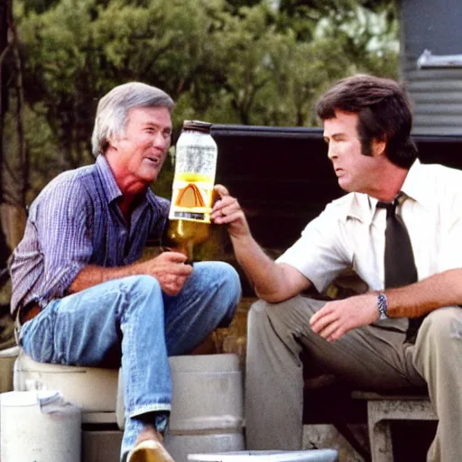 Image similar to kevin tighe with randy mantooth drunk, sitting by a dumpster drinking beer, many empty bottles lie around them