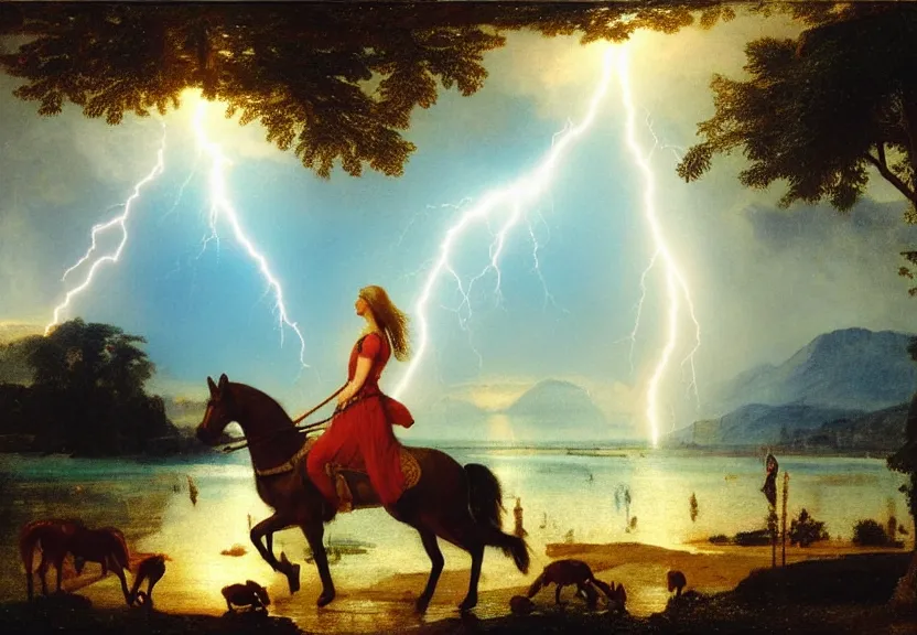 Image similar to Girl riding the horse on the palace bridge, refracted sparkles, thunderstorm, greek pool, beach and Tropical vegetation on the background major arcana sky, by paul delaroche, hyperrealistic 4k uhd, award-winning, very very very detailed