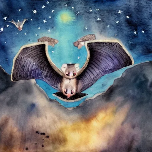 Prompt: gorgeous winged possum flying over a medieval castle under a dark starred sky, dark fantasy, watercolor, dreaming illusion, highly detailed, 4k, trending on Artstation, award-winning