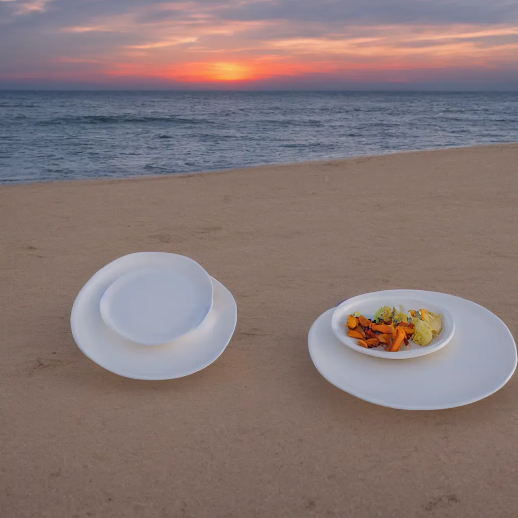 Prompt: professional photo of empty white dish in the middle over a table with a sunset on the beach in the background