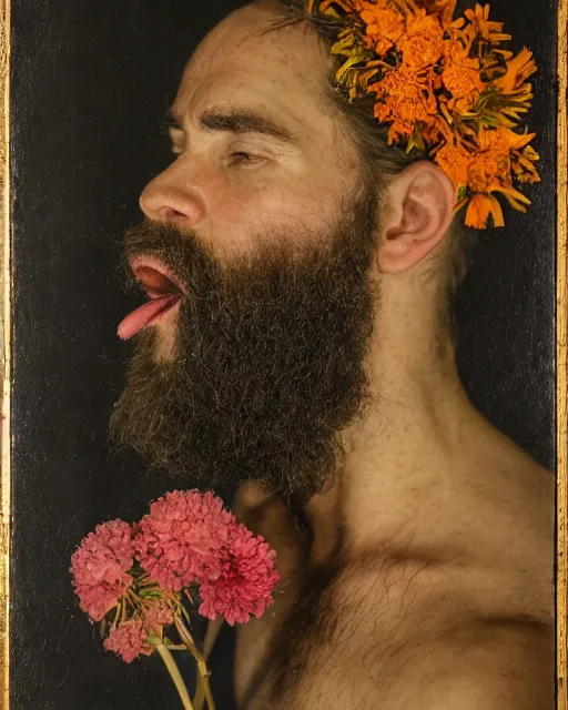 Image similar to a man's face in profile, long beard, flowers and fruit coming out of his mouth, in the style of the Dutch masters and Gregory Crewdson, dark and moody