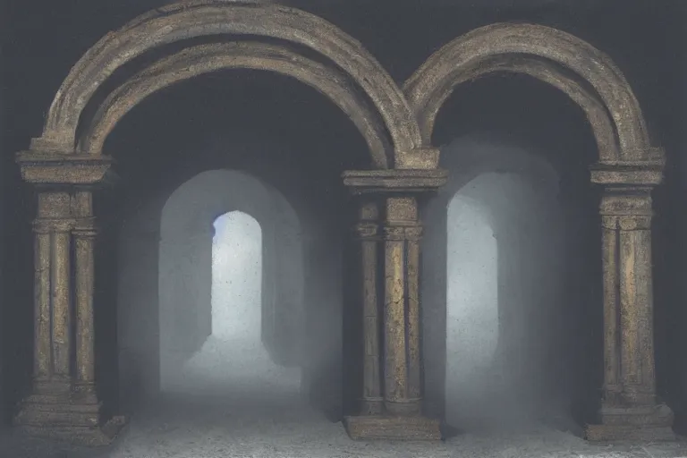 Image similar to dark and dreary dreamscape depicting an archway with prominent keystone