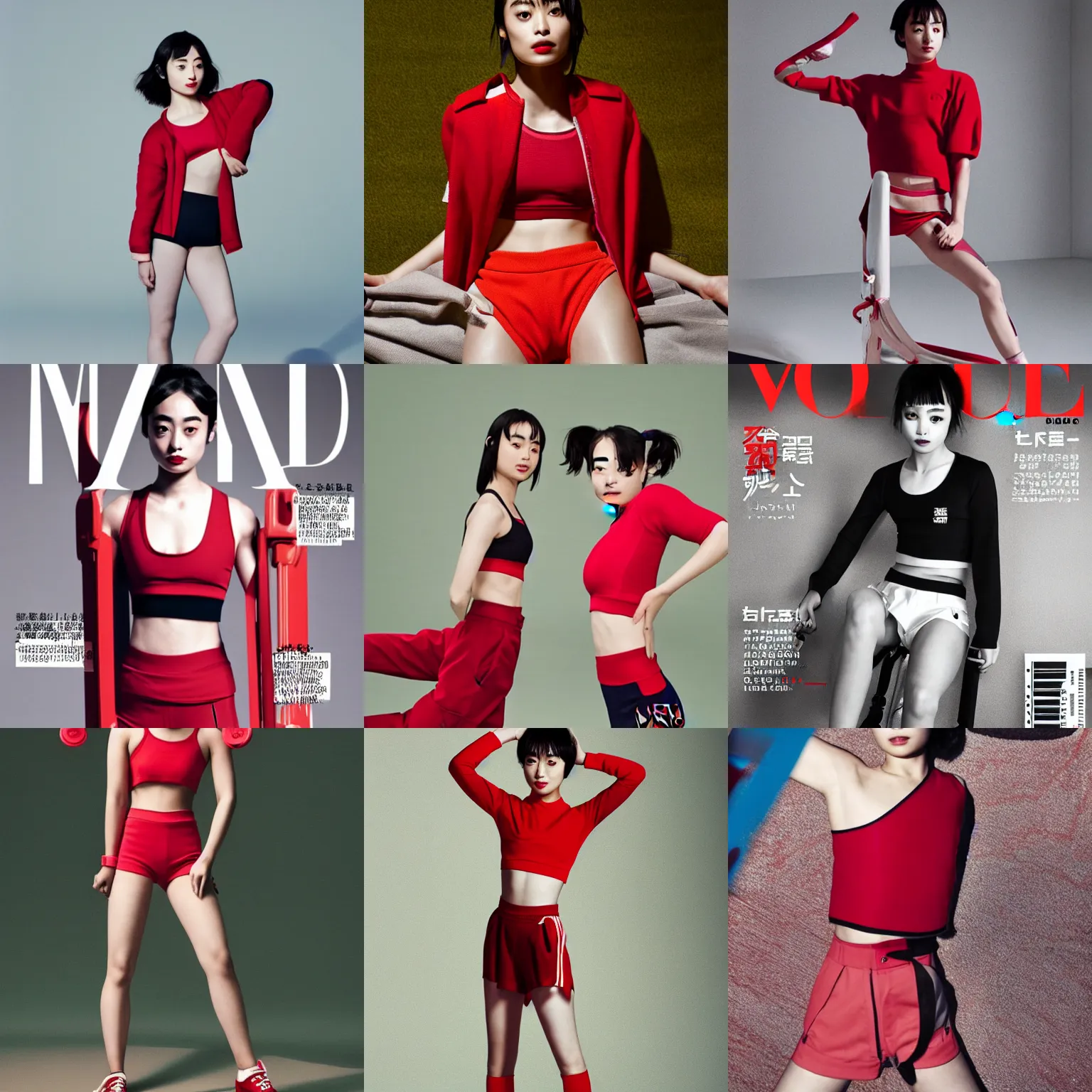 Prompt: suzu Hirose wearing crop red gym top, cropped red yoga short, V magazine editorial by Mario Testino, masterwork