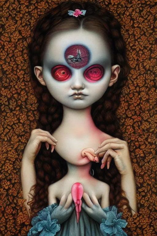 Image similar to pop surrealism, lowbrow art, realistic cute girl painting, hyper realism, victorian fashion, muted colors, trevor brown, mark ryden style