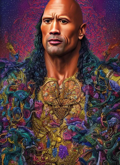 Image similar to beautiful oil painting, full body shot portrait of Dwayne the rock Johnson as Louis xiv in coronation robes 1701, Dan Mumford, Dan Mumford, Alex grey, Alex grey, highly detailed , lsd visuals, dmt fractal patterns, hallucinogen, visionary art, psychedelic art, ornate, vaporwave, baroque