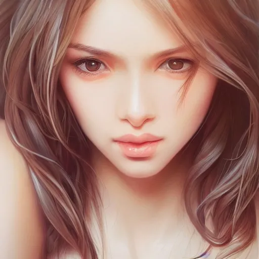 Prompt: a beautiful detailed portrait of young woman, by artgerm, little shy, beautiful eyes, long hair, high details