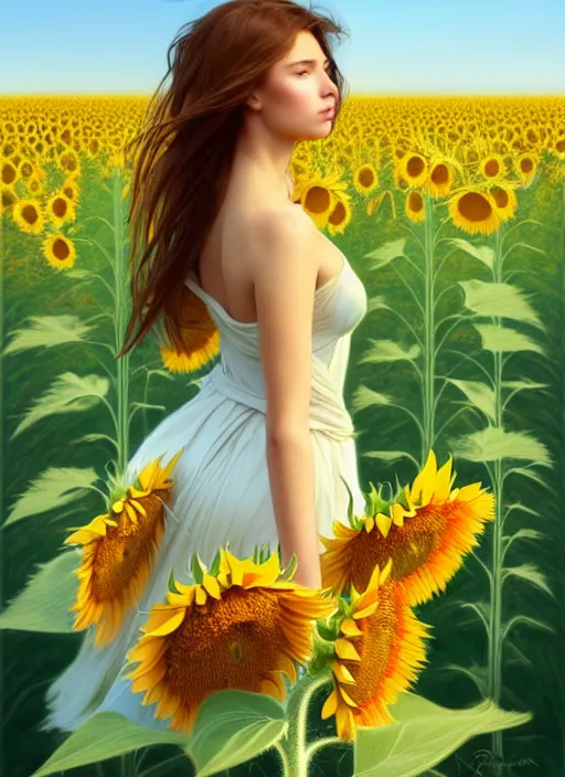 Prompt: a full body fashion photography of a girl slowly walking through amazing tall sunflower field, hair flowing, intricate, elegant, clearly visible face, highly detailed, digital painting, artstation, concept art, smooth, sharp focus, illustration, art by artgerm and greg rutkowski and alphonse mucha, 8 k