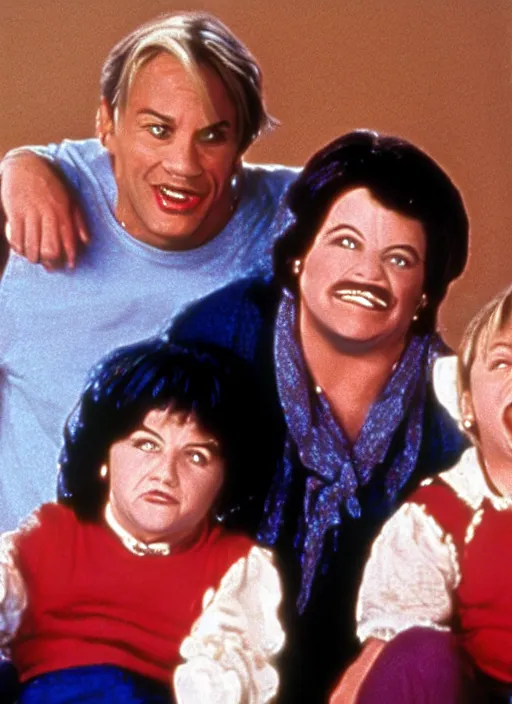 Prompt: the rock stars in mrs doubtfire, movie frame still